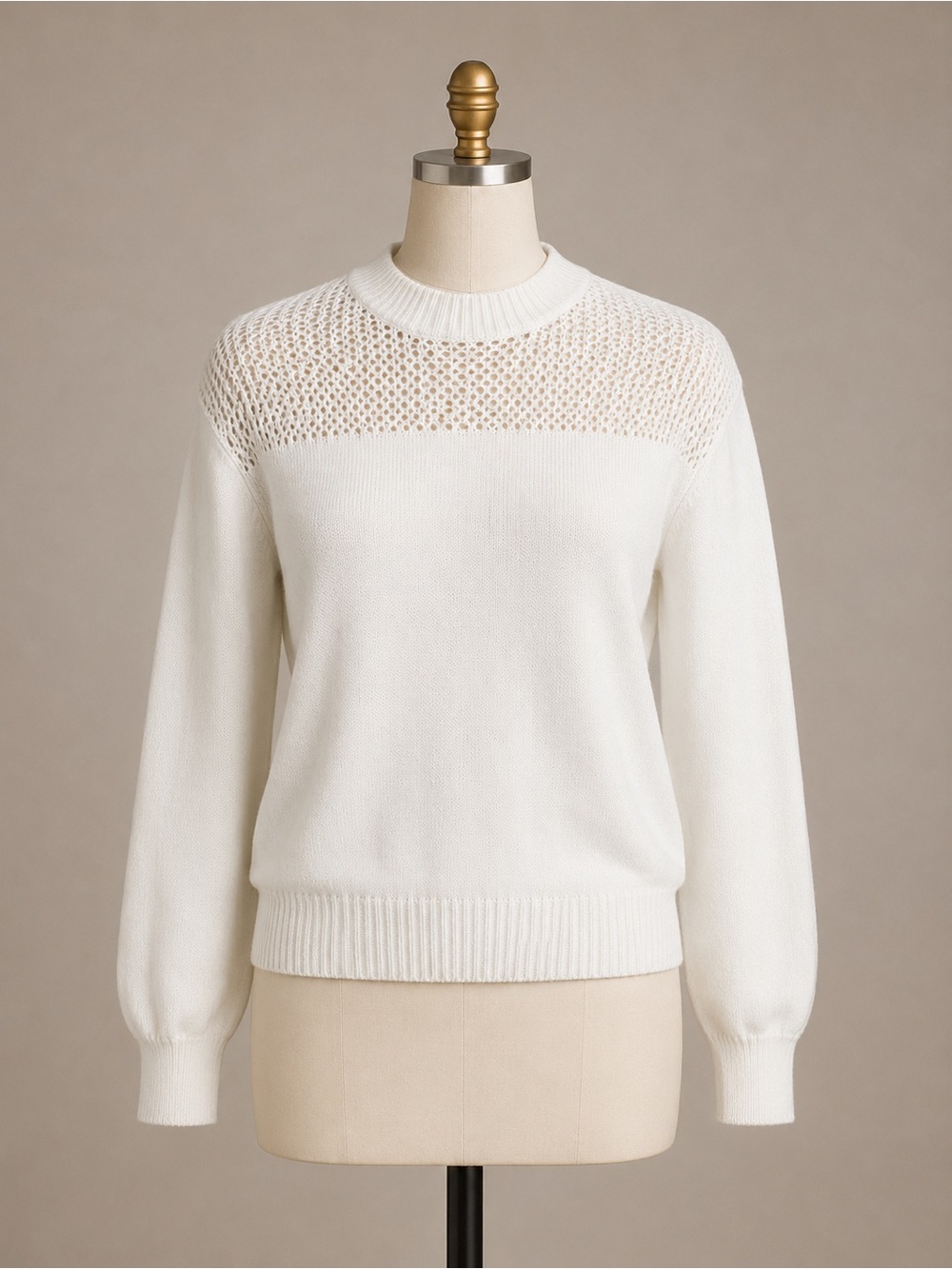 Lightweight White Crewneck Sweater with Open-Knit Yoke